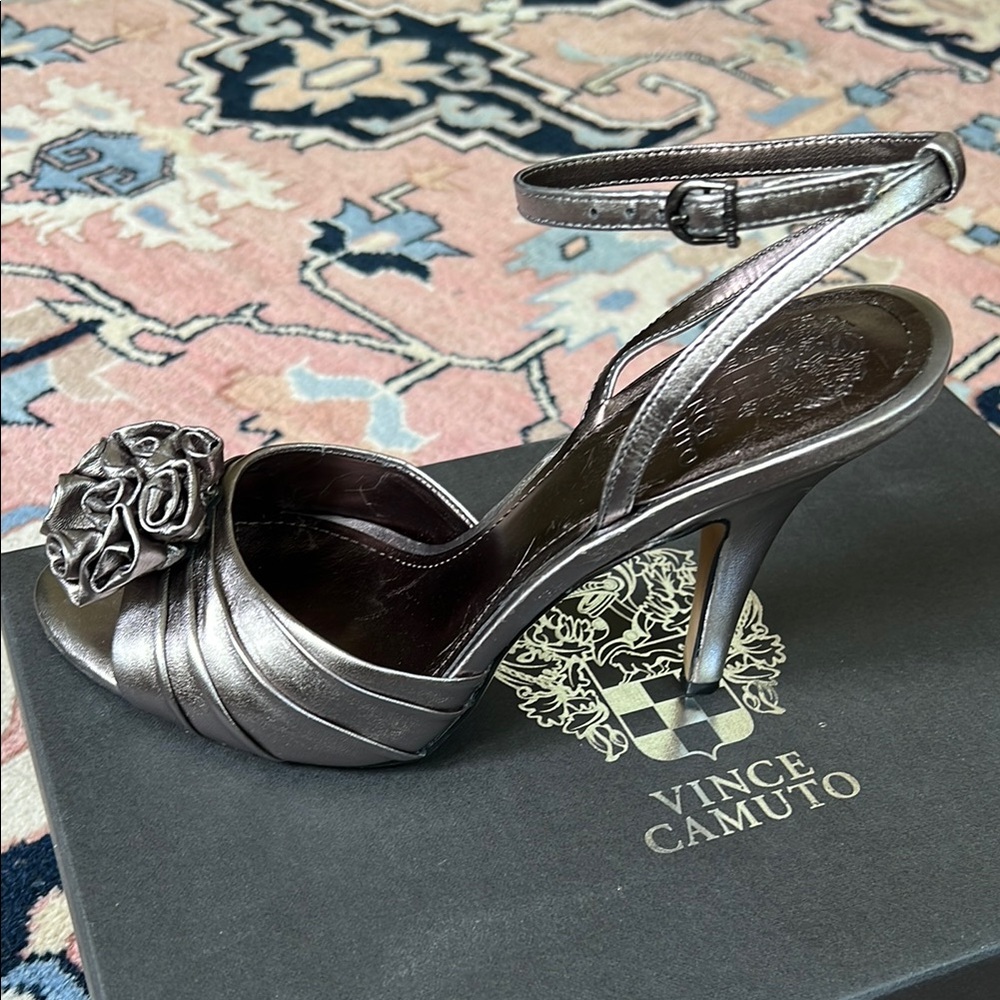 Vince Camuto Silver Strappy Heels with Floral Detail
